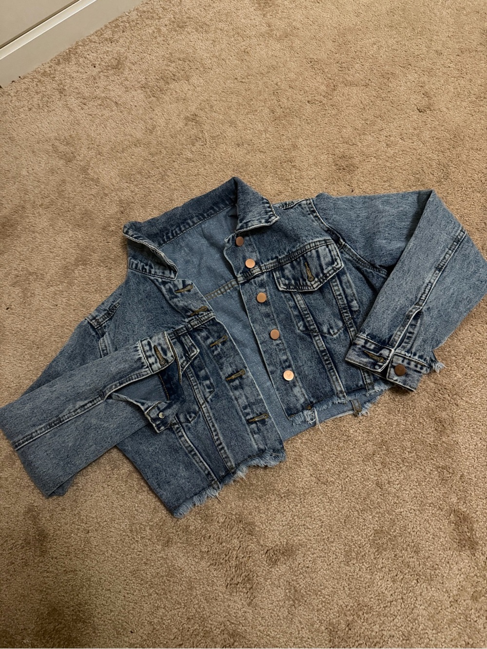 Cropped Distressed Blue Denim Jacket